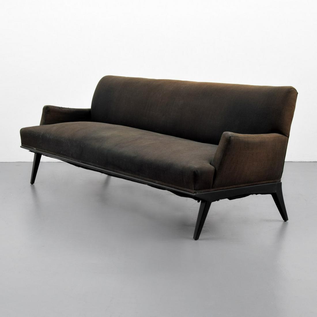 Rare Carlo di Carli Sofa, Singer & Sons Label: Artist/Designer; Manufacturer: Carlo di Carli; Singer & Sons Marking(s); notes: Singer & Sons label Country of origin; materials: Italy; wood, upholstery Dimensions (H, W, D): 31.5"h, 76"w, 31"d; 19"