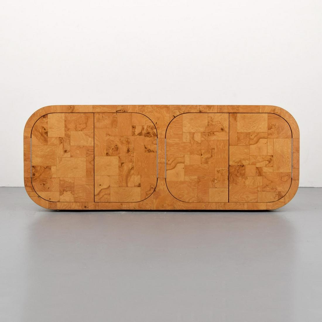 Paul Evans "Curved 500" Burl Wood Cabinet: Artist/Designer; Manufacturer: Paul Evans; Paul Evans Studio for Directional Marking(s); notes: no marking(s) apparent Country of origin; materials: USA; ash-olive burl, laminate, metal Dimensions (H,