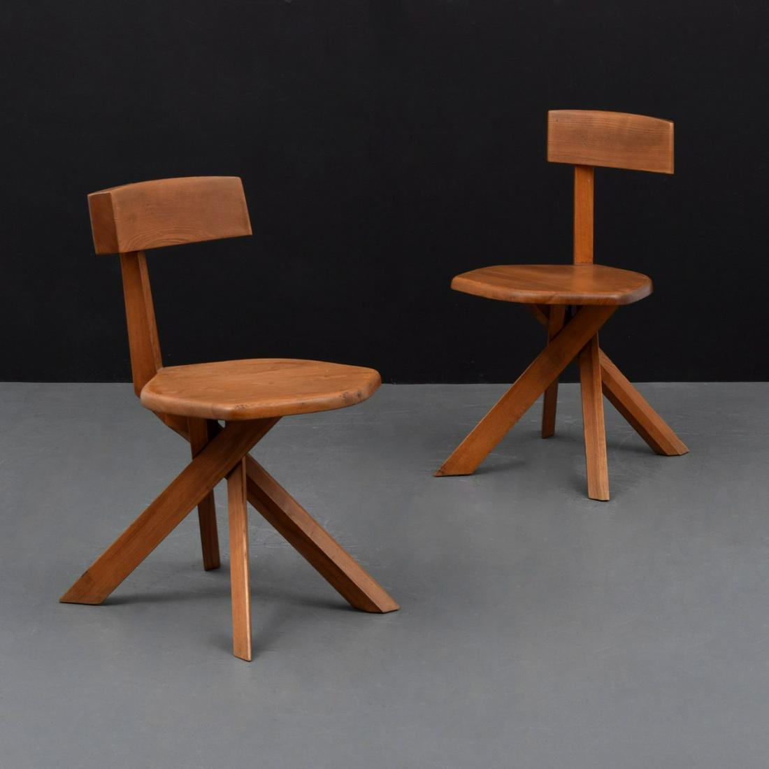 Pair of Pierre Chapo S-45 Chairs: Artist/Designer; Manufacturer: Pierre Chapo; Atelier Pierre Chapo Marking(s); notes: no marking(s) apparent Country of origin; materials: France; white oak Dimensions (H, W, D): 29"h, 16"w, 19"d; 17" 