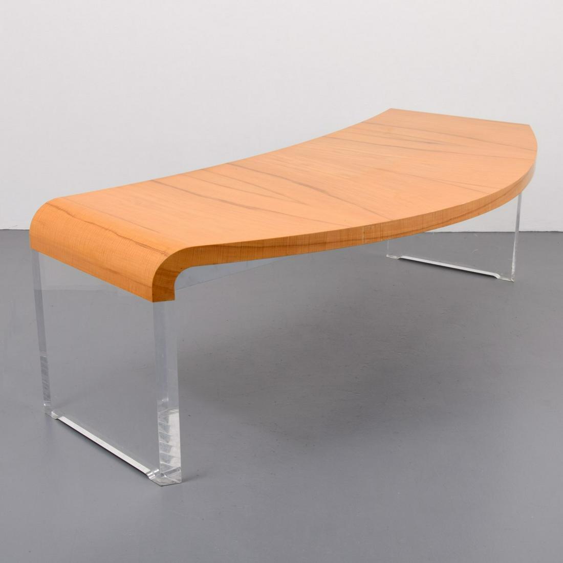 Massive Vladimir Kagan Crescent Executive Lucite Desk: Artist/Designer; Manufacturer: Vladimir Kagan; Vladimir Kagan Designs Marking(s); notes: Vladimir Kagan Designs label Country of origin; materials: USA; wood, Lucite, chromed metal veneer Dimensions (