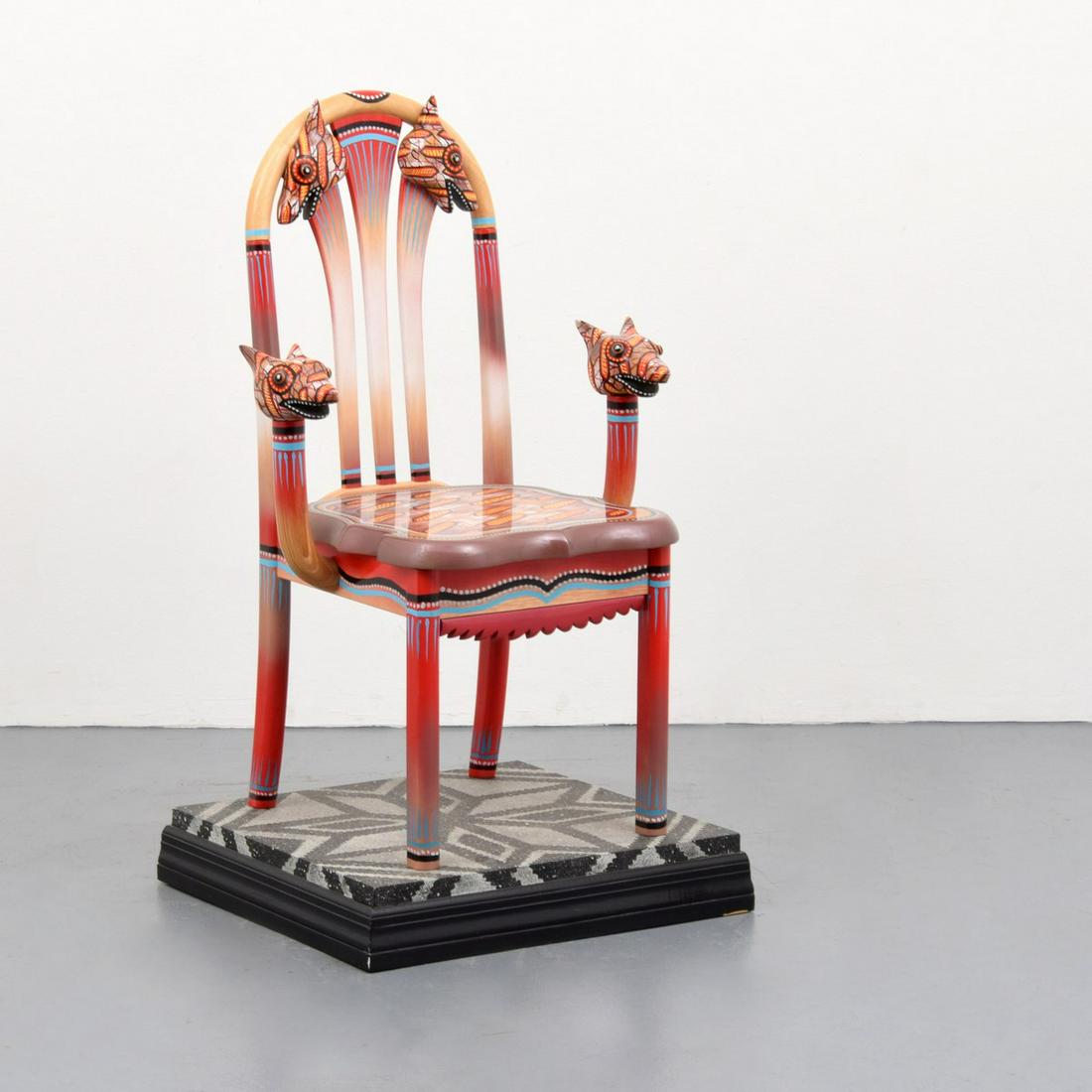 Daniel Meyer Sculptural Chair, Unique: Artist/Designer; Manufacturer: Daniel Meyer (b. 1950) Marking(s); notes: signed; 1994 Country of origin; materials: American; painted wood, canvas Dimensions (H, W, D): 43.75"h, 23"w, 24"d Additional 