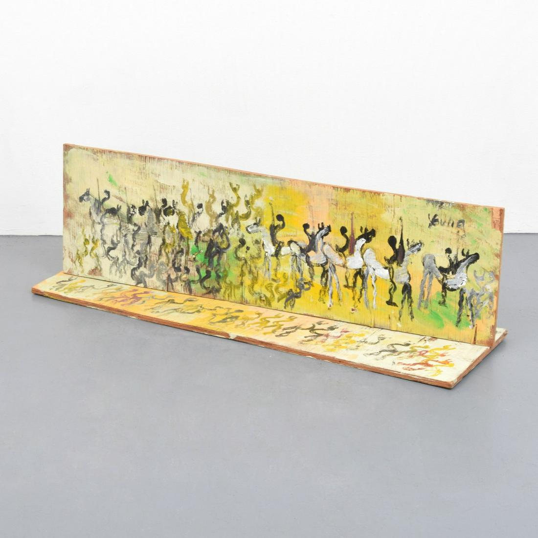 Large Purvis Young 2-Sided Painting/Construction, 49"W: Artist/Designer; Manufacturer: Purvis Young (1943-2010) Marking(s); notes: signed Country of origin; materials: American; painted wood Dimensions (H, W, D): 15.5"h, 49"w, 14"d Additional Information: 