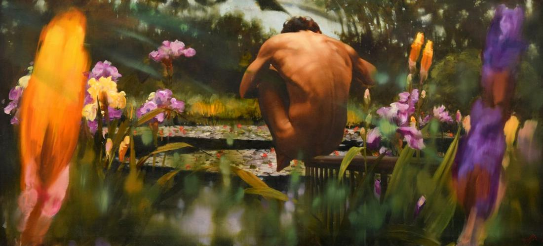 Large Daniel Maffia Male Nude Figural Painting, 78"W: Artist/Designer; Manufacturer: Daniel Maffia (b. 1937) Marking(s); notes: signed Country of origin; materials: French; oil on canvas Dimensions (H, W, D): 36.25"h, 78.25"w Additional Information: Work