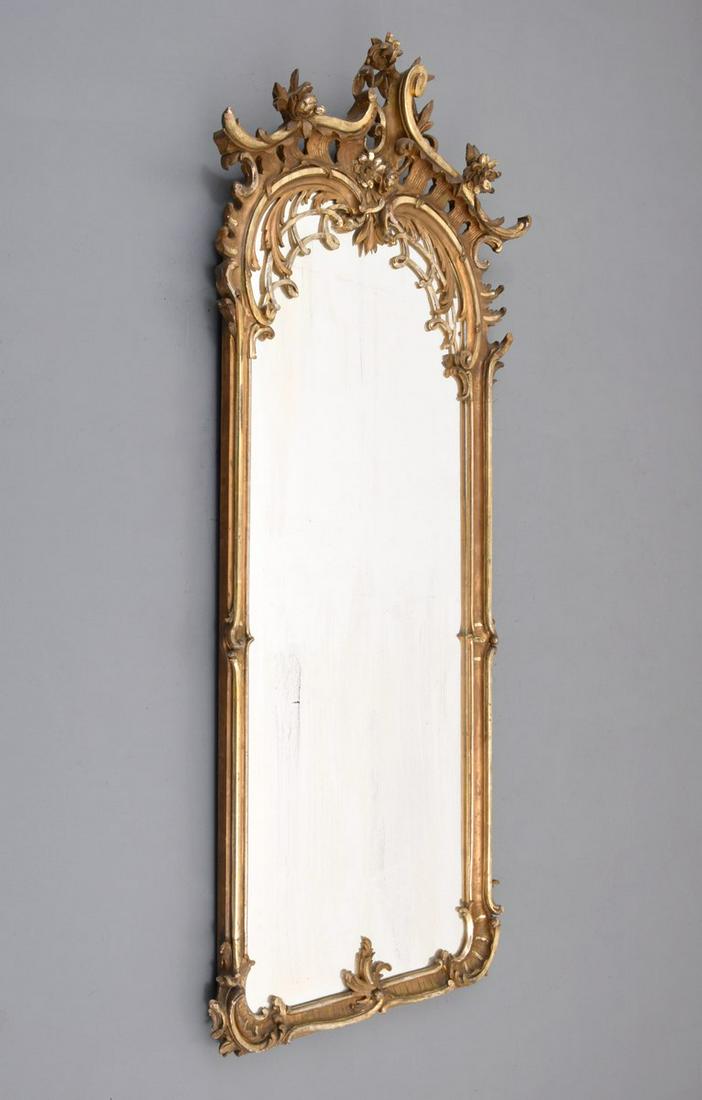 Monumental 18th Century Rococo Carved Gilt Wood Mirror: Artist/Designer; Manufacturer: unknown Marking(s); notes: no marking(s) apparent Country of origin; materials: France (per shipping labels); gilt wood, mirrored glass Dimensions (H, W, D): 84"h, 38"w,