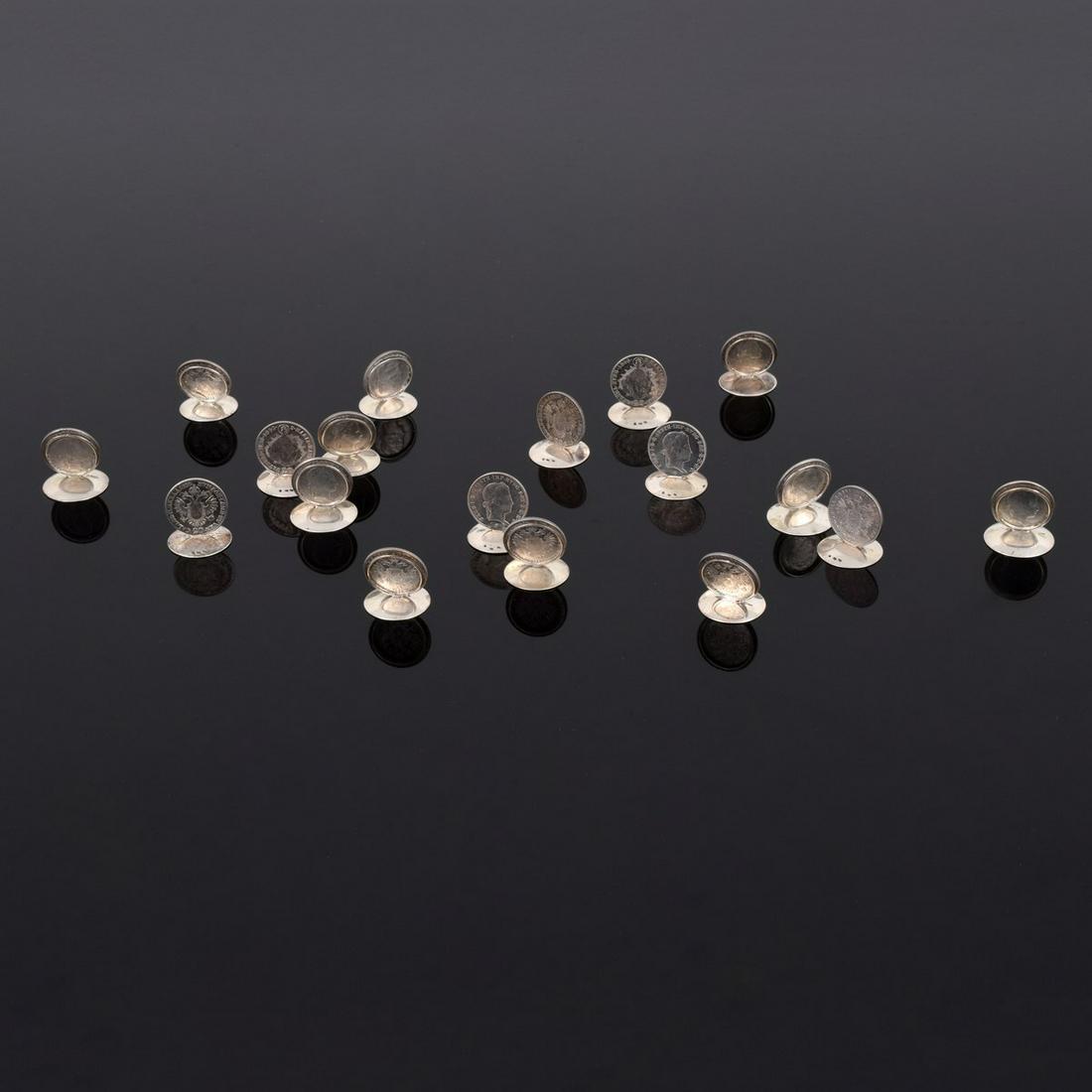 Set of 18 Sterling Silver & Antique Coin Place Card: Artist/Designer; Manufacturer: unknown Marking(s); notes: silver hallmarks, 925 Country of origin; materials: see Additional Information; sterling silver, metal Dimensions (H, W, D): 1.25"h, 1.125"dia