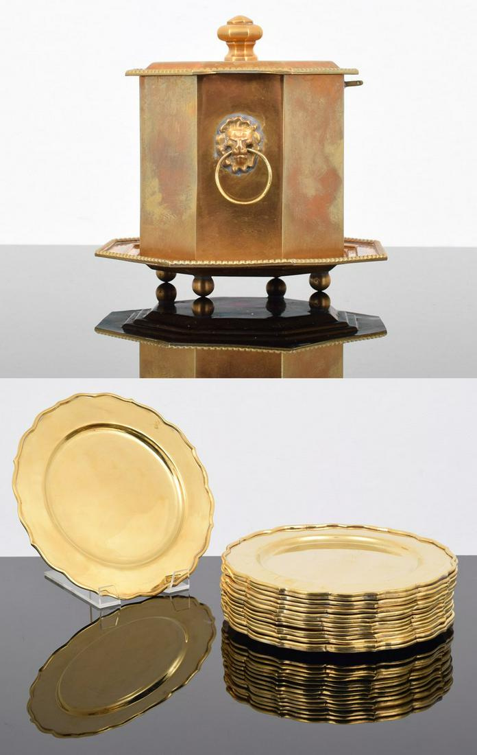 Mottahedeh Lidded Pot with Footed Base & 14 Plates: Artist/Designer; Manufacturer: Mottahedeh Marking(s); notes: Mottahedeh imprint (on underplate), #53, #23, marking(s) Country of origin; materials: India; copper Dimensions (H, W, D): pot/stand: 5"h, 