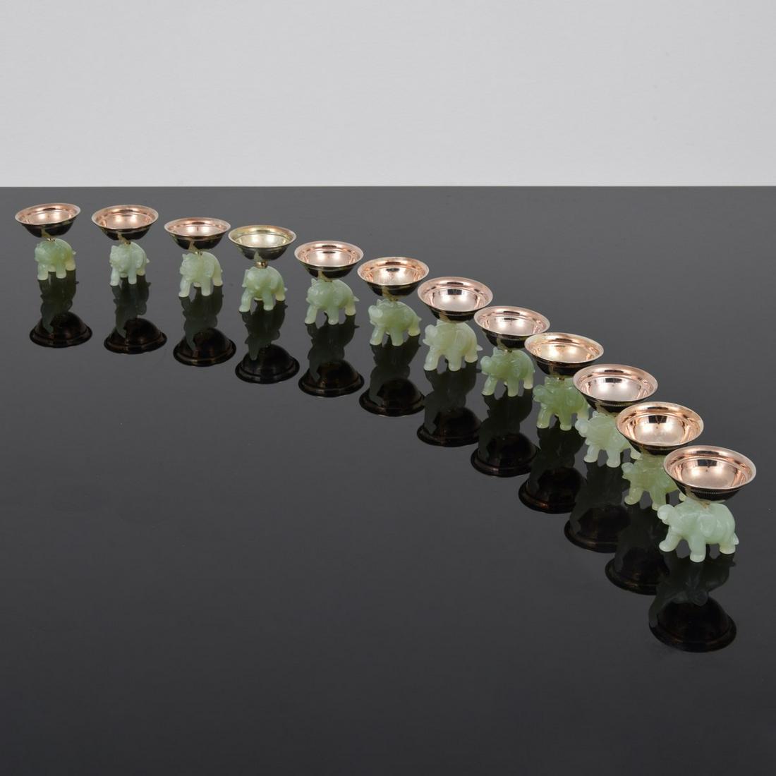 Cassetti Sterling Silver & Jade Elephant Salt Cellars,: Artist/Designer; Manufacturer: Cassetti Marking(s); notes: Cassetti, handmade, 925 Country of origin; materials: Italy; sterling silver, jade Dimensions (H, W, D): 2.5"h, 2.5"w, 2.25"d Additional Info