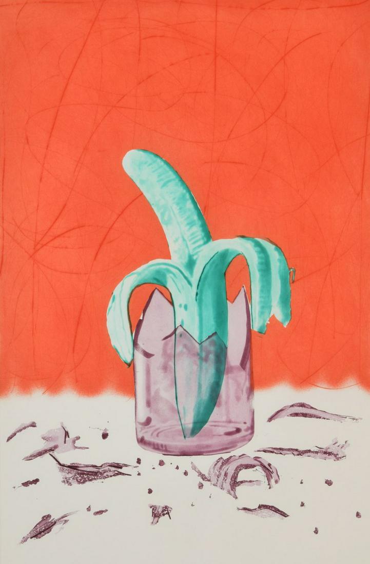 James Rosenquist "On Stage" Aquatint/Etching, Signed: Artist/Designer; Manufacturer: James Rosenquist (b. 1933) Marking(s); notes: signed; ed. 42/59; 1981 Country of origin; materials: American; aquatint and etching in colors on Somerset Satin paper Dime