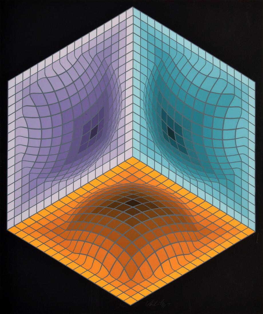 Victor Vasarely Op Art Print, Signed Edition: Artist/Designer; Manufacturer: Victor Vasarely (1903-1997) Marking(s); notes: signed; ed. 30/250 Country of origin; materials: Hungarian; paper Dimensions (H, W, D): 31.5"h, 27.5"w; 43"h, 38.75"w fram