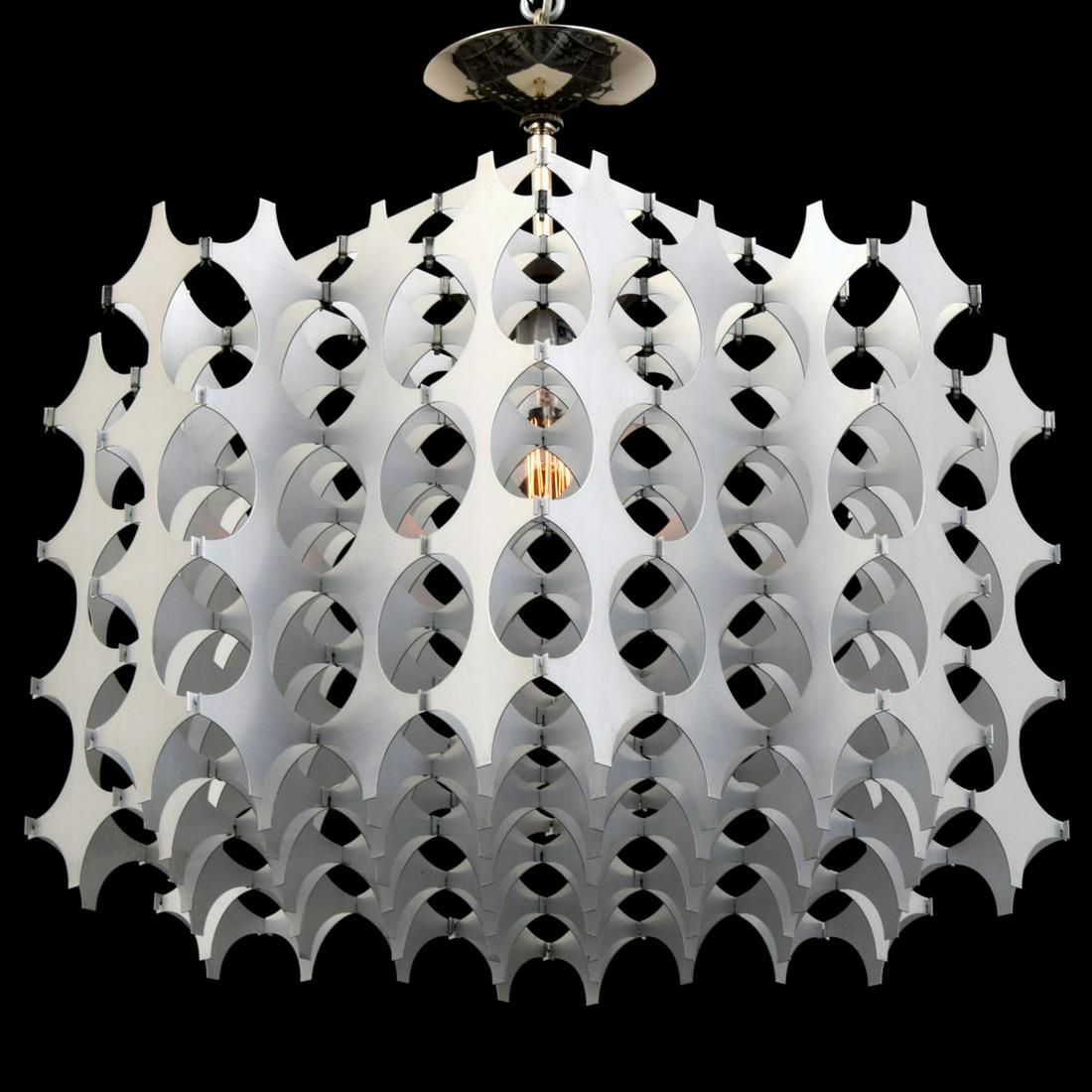 Chandelier, Manner of Max Sauze: Artist/Designer; Manufacturer: Max Sauze, manner of Marking(s); notes: no marking(s) apparent Country of origin; materials: unknown; aluminum, chromed metal, enameled metal Dimensions (H, W, D): 23"h,