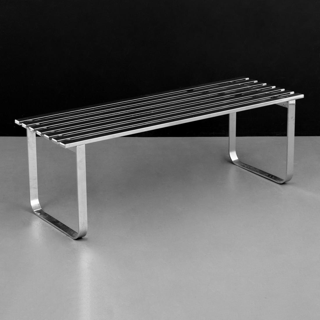 Chrome Slatted Bench, Manner of Milo Baughman: Artist/Designer; Manufacturer: Milo Baughman, manner of Marking(s); notes: no marking(s) apparent Country of origin; materials: USA; chromed metal Dimensions (H, W, D): 16.5"h, 48.25"w, 16.5"d Additio