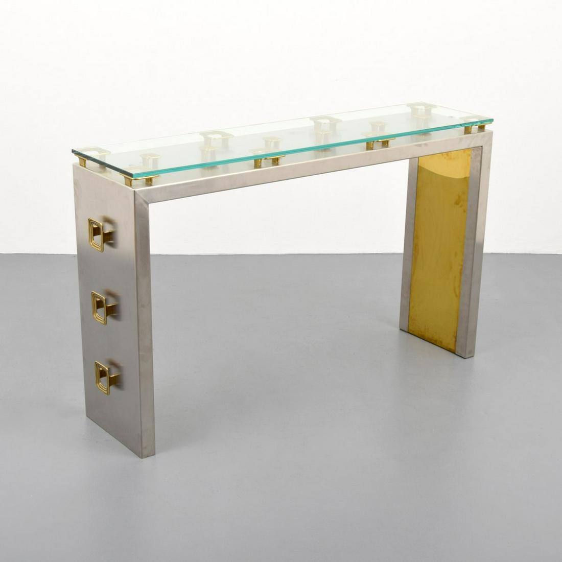 Console Table, Manner of Maison Jansen: Artist/Designer; Manufacturer: Maison Jansen, manner of Marking(s); notes: no marking(s) apparent Country of origin; materials: country of origin unknown; steel, brass, glass Dimensions (H, W, D): 23.