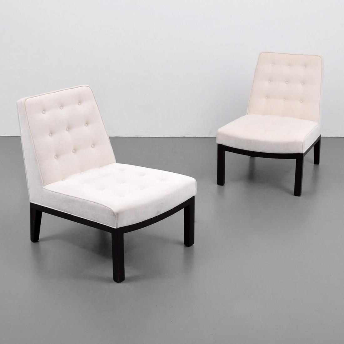 Pair of Edward Wormley Slipper Chairs: Artist/Designer; Manufacturer: Edward Wormley; Dunbar Marking(s); notes: Dunbar plaque Country of origin; materials: USA; wood, upholstery Dimensions (H, W, D): 31.5"h, 23.25"w, 30"d; 15.5" seat heigh
