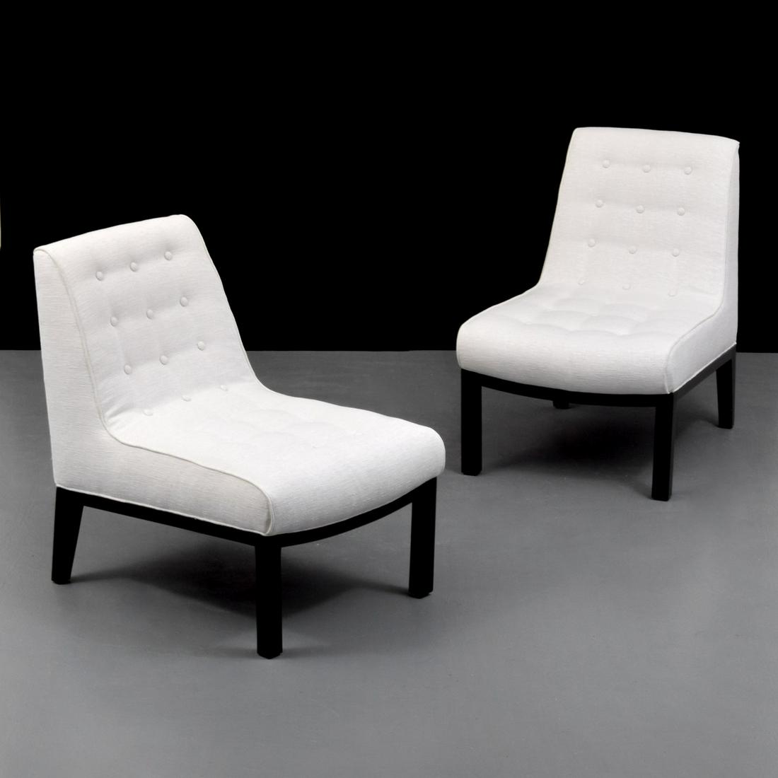 Pair of Edward Wormley Slipper Chairs: Artist/Designer; Manufacturer: Edward Wormley; Dunbar Marking(s); notes: green Dunbar plaque Country of origin; materials: USA; wood, upholstery Dimensions (H, W, D): 33"h, 22"w, 31"d; 16" seat height