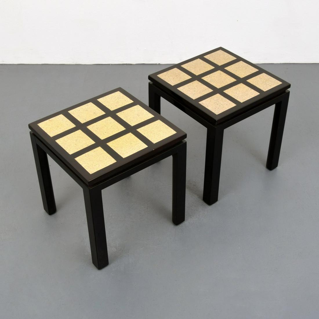 Pair of Harvey Probber Side/End Tables: Artist/Designer; Manufacturer: Harvey Probber Marking(s); notes: marking(s) Country of origin; materials: USA; wood, terrazzo Dimensions (H, W, D): 17"h, 16"w, 16"d Additional Information: Video previ