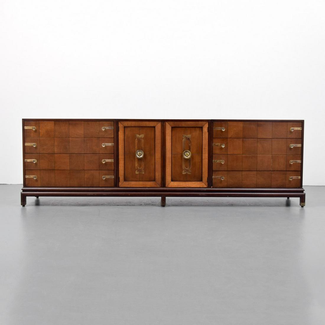 Large Renzo Rutili Cabinet: Artist/Designer; Manufacturer: Renzo Rutili; Johnson Furniture Co. Marking(s); notes: John Stuart, Inc. plaque, Johnson Furniture Co. brand Country of origin; materials: USA; wood, metal Dimensions (H