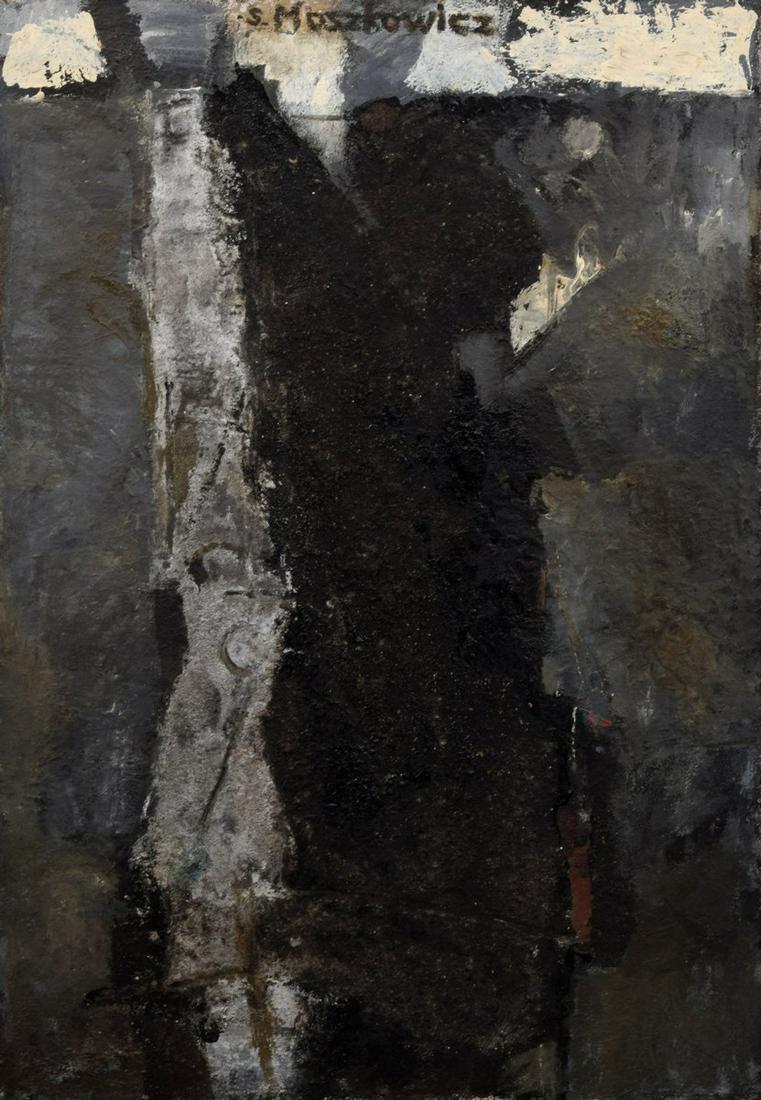 Large Symcho Moszkowicz Abstract Painting: Artist/Designer; Manufacturer: Symcho Moszkowicz (1915-1966) Marking(s); notes: signed Country of origin; materials: Polish; board Dimensions (H, W, D): 72.5"h, 51"w; 75"h, 51"w frame Additional Infor