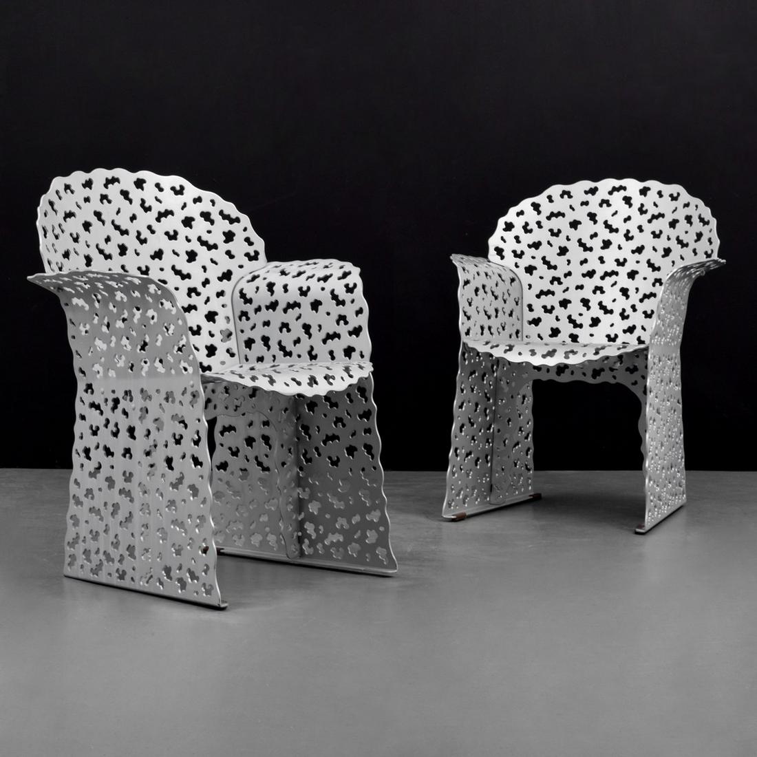 Pair of Richard Schultz "Topiary" Chairs: Artist/Designer; Manufacturer: Richard Schultz; Knoll Marking(s); notes: no marking(s) apparent Country of origin; materials: USA; aluminum, stainless steel Dimensions (H, W, D): 33.5"h, 27"w, 21"d; 1