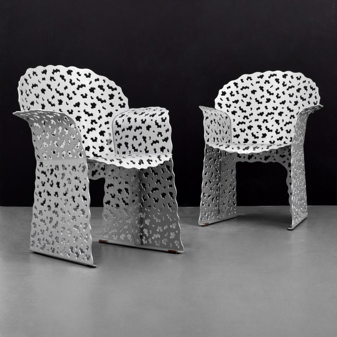 Pair of Richard Schultz "Topiary" Chairs: Artist/Designer; Manufacturer: Richard Schultz; Knoll Marking(s); notes: no marking(s) apparent Country of origin; materials: USA; aluminum, stainless steel Dimensions (H, W, D): 33.5"h, 27"w, 21"d; 1