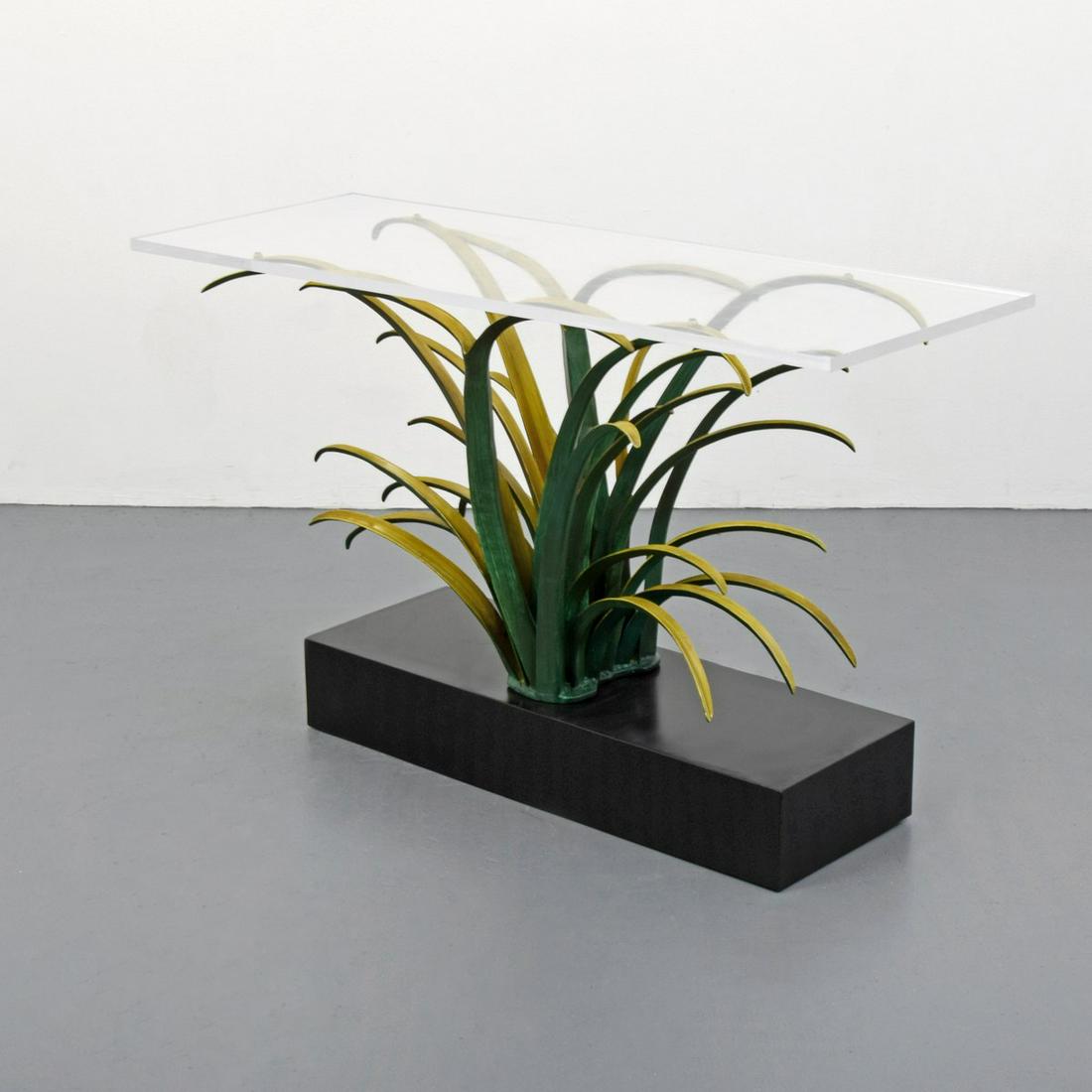 Sculptural Italian Console Table, Frond/Grass Form: Artist/Designer; Manufacturer: unknown Marking(s); notes: no marking(s) apparent Country of origin; materials: Italy; metal, Lucite Dimensions (H, W, D): 33"h, 55.25"w, 20.25"d Additional Information: