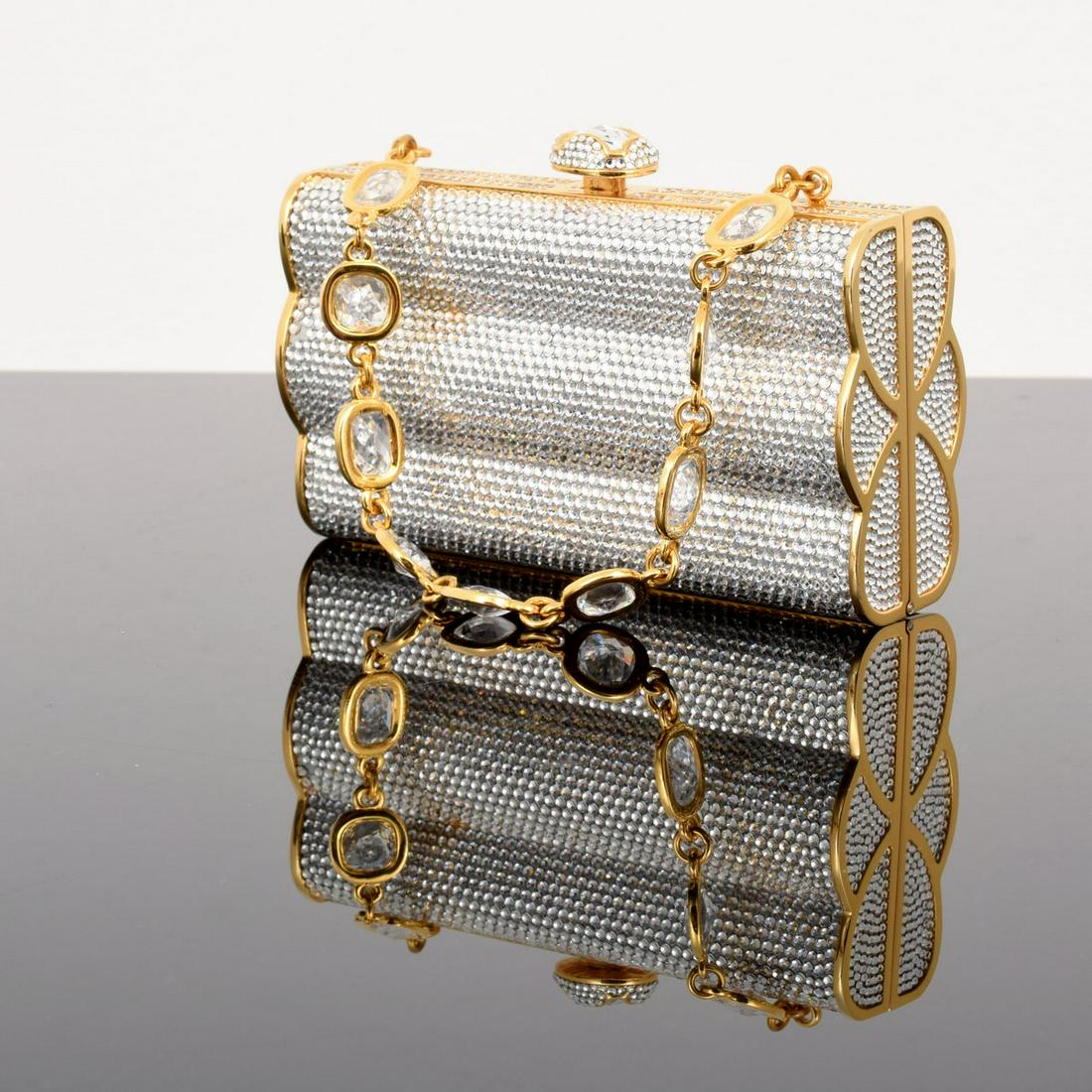 Judith Leiber Crystal-Embellished Minaudiere: Artist/Designer; Manufacturer: Judith Leiber Marking(s); notes: Judith Leiber imprints Country of origin; materials: USA; metal, crystals, satin Dimensions (H, W, D): 3.75"h