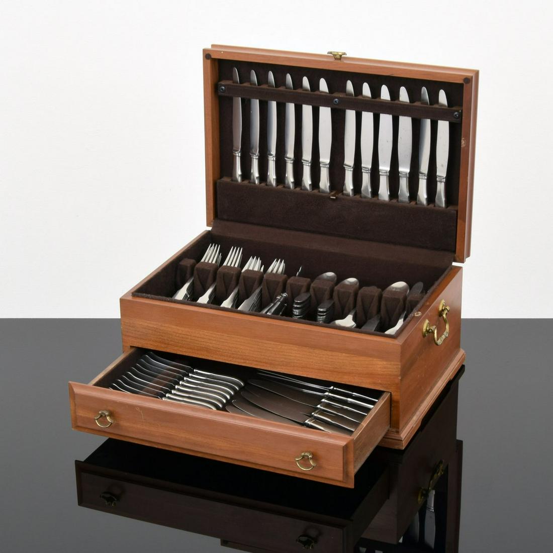 Georg Jensen "Mitra" Flatware Service: Artist/Designer; Manufacturer: Gundorph Albertus; Georg Jensen Marking(s); notes: Georg Jensen, stainless steel imprints Country of origin; materials: Denmark; stainless steel Dimens