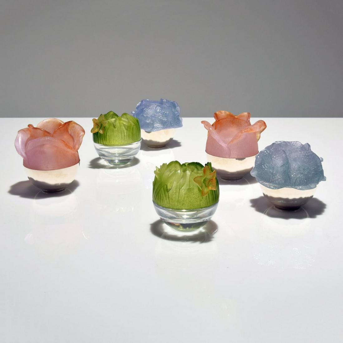 Set of 6 Daum Pate de Verre Bud Vases: Artist/Designer; Manufacturer: Daum Marking(s); notes: Daum France Country of origin; materials: France; glass, chromed metal (except daffodil) Dimensions (H, W, D): largest