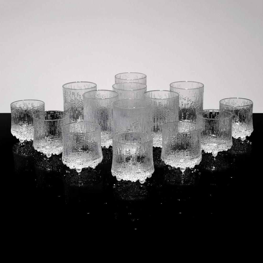 14 Tapio Wirkkala "Ultima Thule" Tumblers: Artist/Designer; Manufacturer: Tapio Wirkkala; Iittala Marking(s); notes: no marking(s) apparent Country of origin; materials: Finland; glass Dimensions (H, W, D): 5"h, 3.25