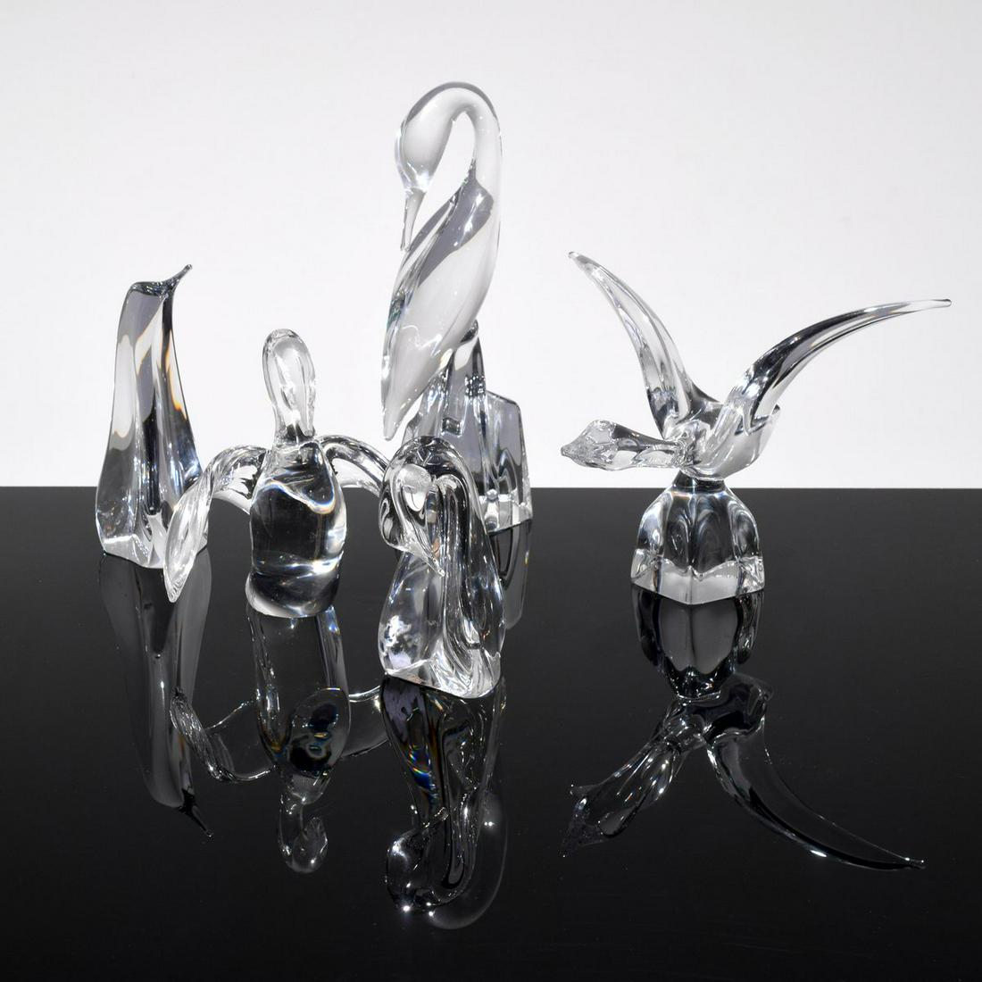 5 Daum Animal Figurines, Birds: Artist/Designer; Manufacturer: Daum Marking(s); notes: signed Country of origin; materials: France; glass Dimensions (H, W, D): tallest: 13"h, 4.5"w, 3.5"d Additi
