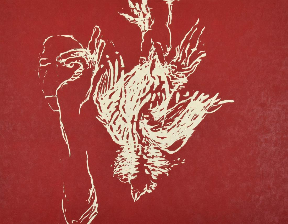 Susan Rothenberg "Dead Rooster" Woodcut, Signed Ed: Artist/Designer; Manufacturer: Susan Rothenberg (1945-2020) Marking(s); notes: signed, blind stamp; ed. 12/20; 1993 Country of origin; materials: American; woodcut in red on Korean Kozo paper