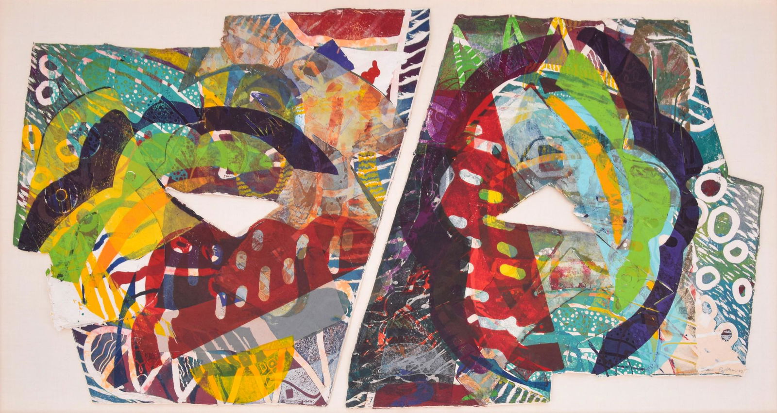 Sam Gilliam Hand-Embellished Diptych, Signed Ed, 74"W: Artist/Designer; Manufacturer: Sam Gilliam (b. 1933) Marking(s); notes: signed, marking(s); ed. 24/40; 1987 Country of origin; materials: American; relief, etching, aquatint and collagraph on h