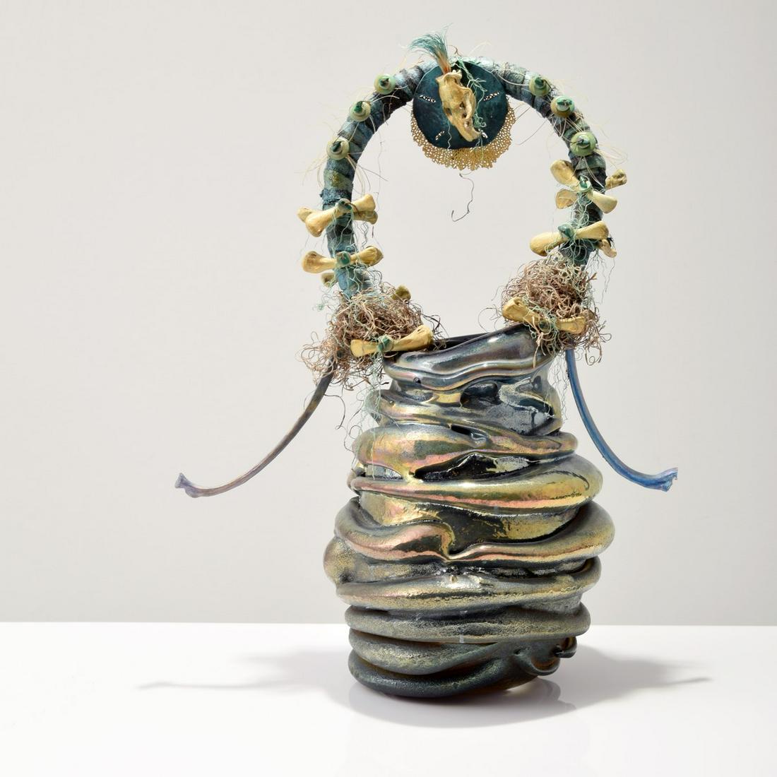 Large Laura Donefer Vase/Vessel, "Witch Pot" Series: Artist/Designer; Manufacturer: Laura Donefer (b. 1955) Marking(s); notes: no marking(s) apparent Country of origin; materials: American/Canadian; glass, fiber, bone, stone, found materials <