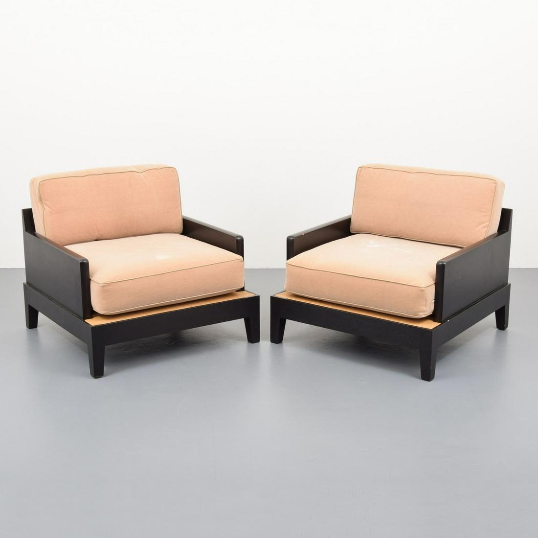 Pair of Christian Liaigre "Opium" Lounge Chairs: Artist/Designer; Manufacturer: Christian Liaigre; Holly Hunt Marking(s); notes: Christian Liaigre for Holly Hunt label Country of origin; materials: USA; wood, rattan, upholstery Dim
