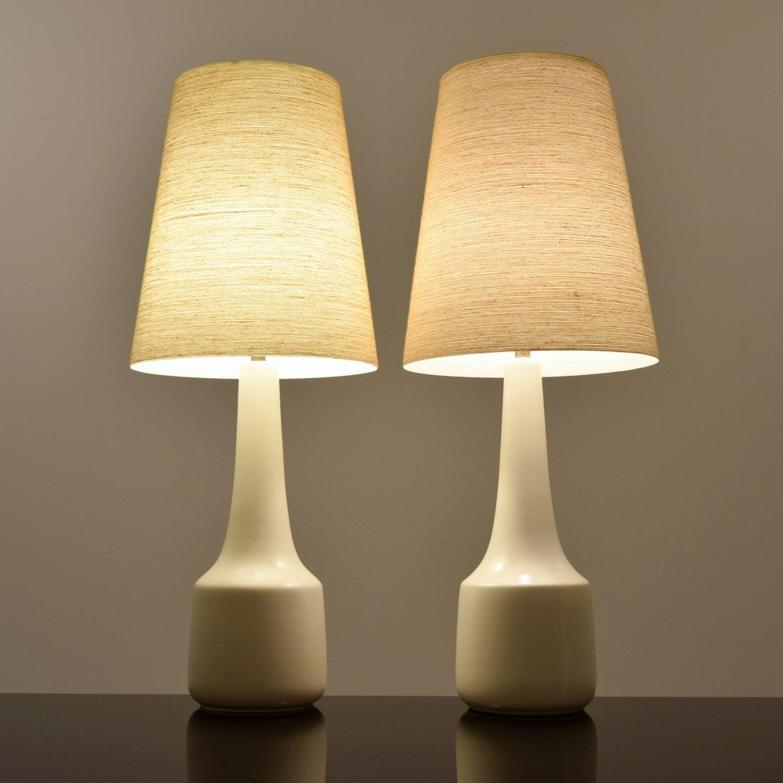 Pair of Lotte & Gunnar Bostlund Lamps: Artist/Designer; Manufacturer: Lotte & Gunnar Bostlund Marking(s); notes: no marking(s) apparent Country of origin; materials: Canada; ceramic, metal, shade Dimensions (H, W, D): <