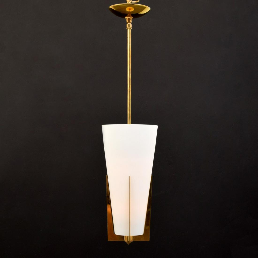 Large Conical Pendant Light Attributed to Stilnovo: Artist/Designer; Manufacturer: Stilnovo, attributed Marking(s); notes: no marking(s) apparent Country of origin; materials: Italy; frosted glass, brass Dimensions (H, W, D):
