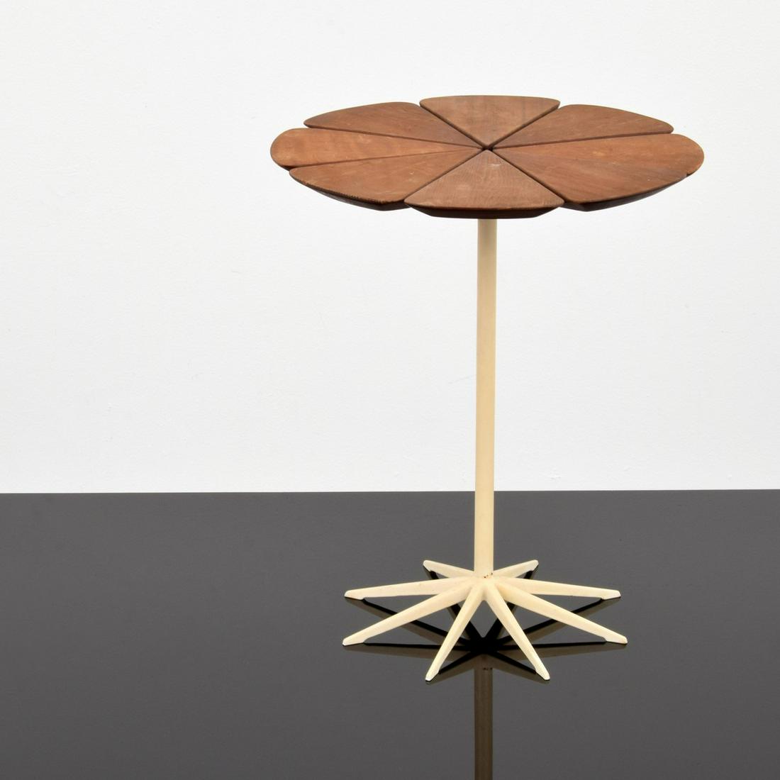 Richard Schultz Redwood "Petal" Side Table: Artist/Designer; Manufacturer: Richard Schultz; Knoll International Marking(s); notes: Knoll International label Country of origin; materials: USA; enameled metal, redwood Dimensions