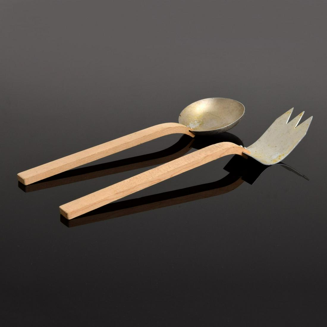 Russel Wright Serving Set: Artist/Designer; Manufacturer: Russel Wright; Russel Wright, Inc. Marking(s); notes: no marking(s) apparent Country of origin; materials: USA; aluminum, wood Dimensions (H, W, D): </