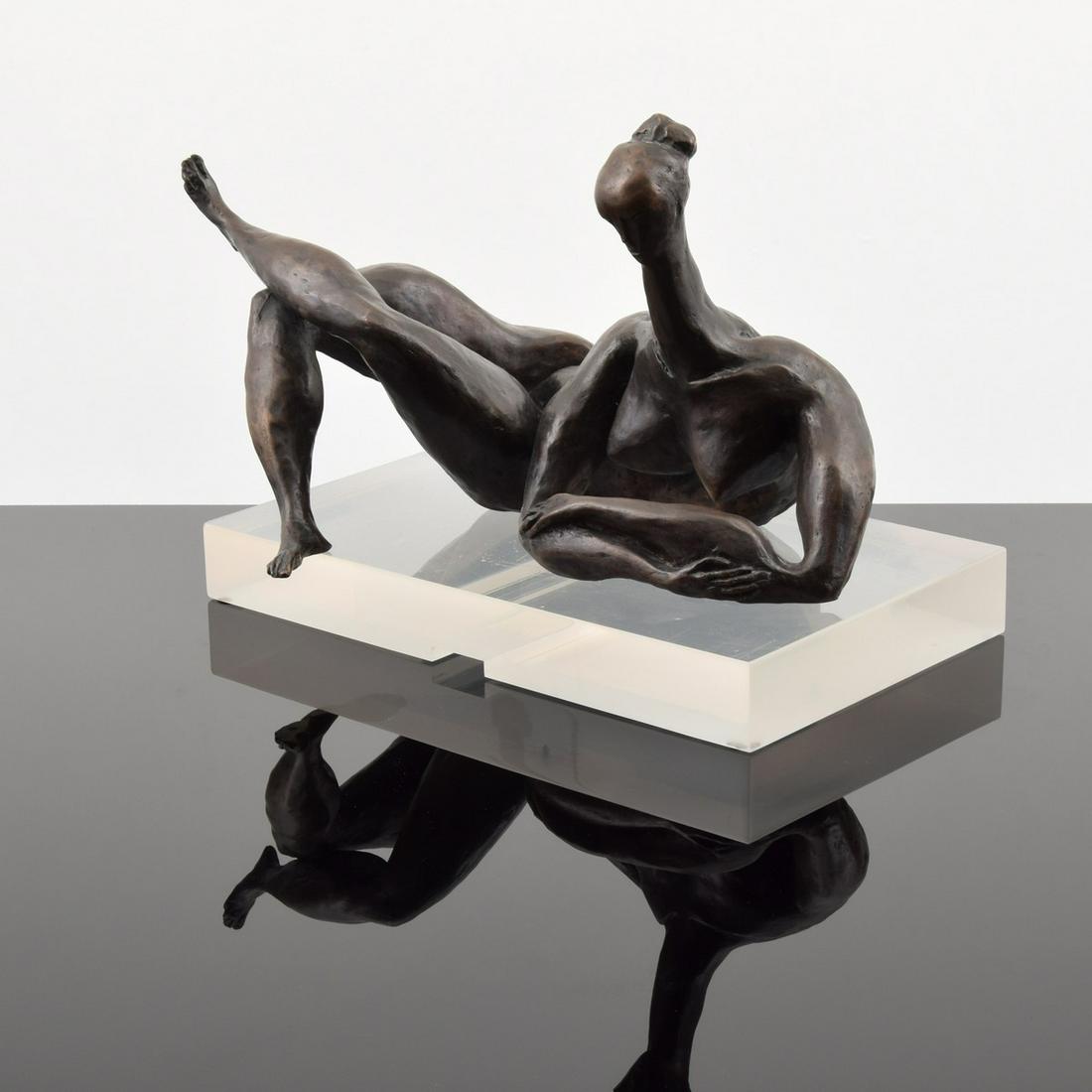 Doris Caesar Bronze Sculpture, Reclining Female Nude: Artist/Designer; Manufacturer: Doris Caesar (1892-1971) Marking(s); notes: signed Country of origin; materials: American; bronze, Lucite or acrylic (base) Dimensions (H, W, D):