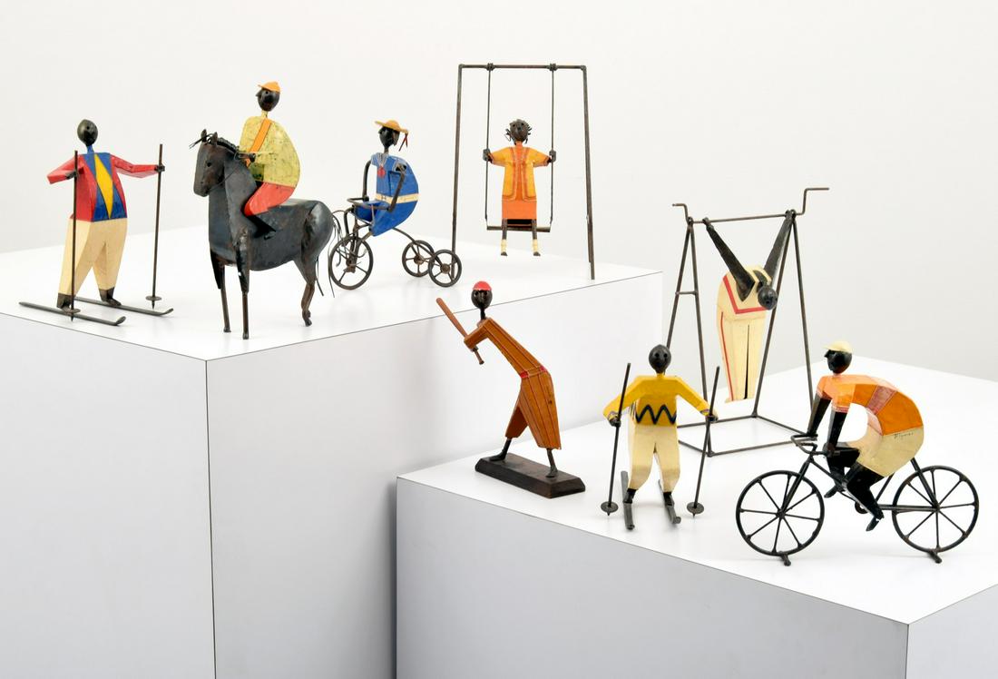 8 Manuel Felguerez Barra Sculptures: Artist/Designer; Manufacturer: 8 Manuel Felguerez Barra (1928-2020) Marking(s); notes: signed (all) Country of origin; materials: Mexican; enameled steel (all), wood (baseball player)