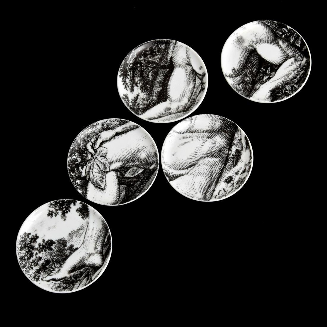 5 Piero Fornasetti "Adamo" Coasters: Artist/Designer; Manufacturer: Piero Fornasetti (1913-1988) Marking(s); notes: Fornasetti Milano stamp, numbered Country of origin; materials: Italy; lithograph printed porcelain Dim