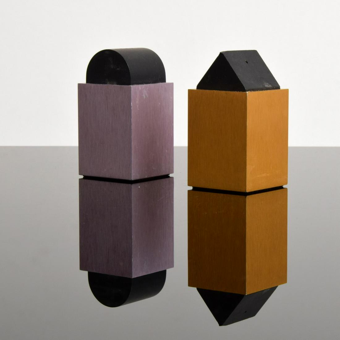 David Tisdale Memphis-Style Salt & Pepper Shakers: Artist/Designer; Manufacturer: David Tisdale; Elika Marking(s); notes: David Tisdale and Elika imprints; 1988 Country of origin; materials: USA; aluminum, plastic Dimensions (H, W, D