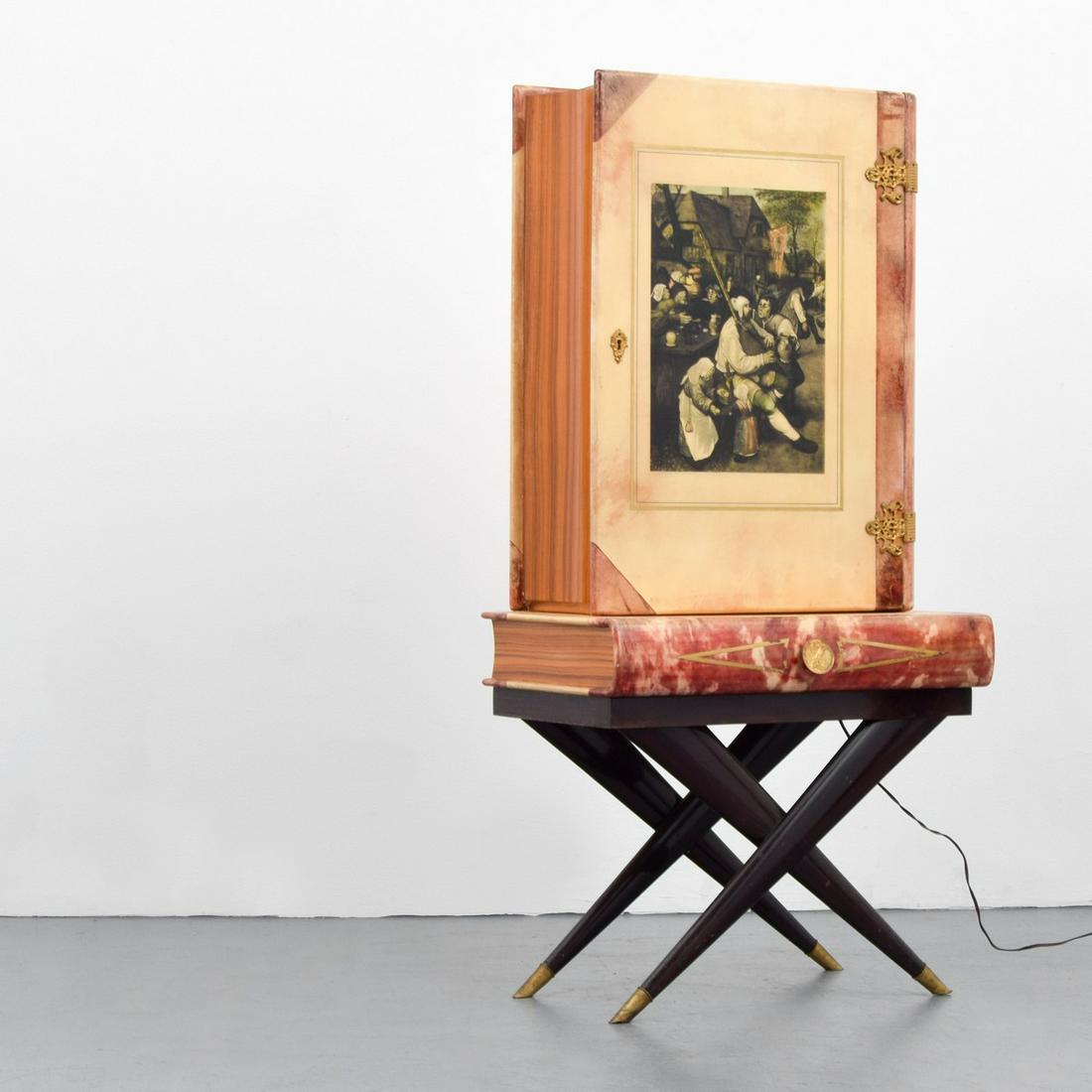 Aldo Tura Parchment Illuminated Bar Cabinet: Artist/Designer; Manufacturer: Aldo Tura; retailed by B.M. Marking(s); notes: Blanch L. Markley Shoppe retail label Country of origin; materials: Italy; wood, parchment, metal, glass, mirrored