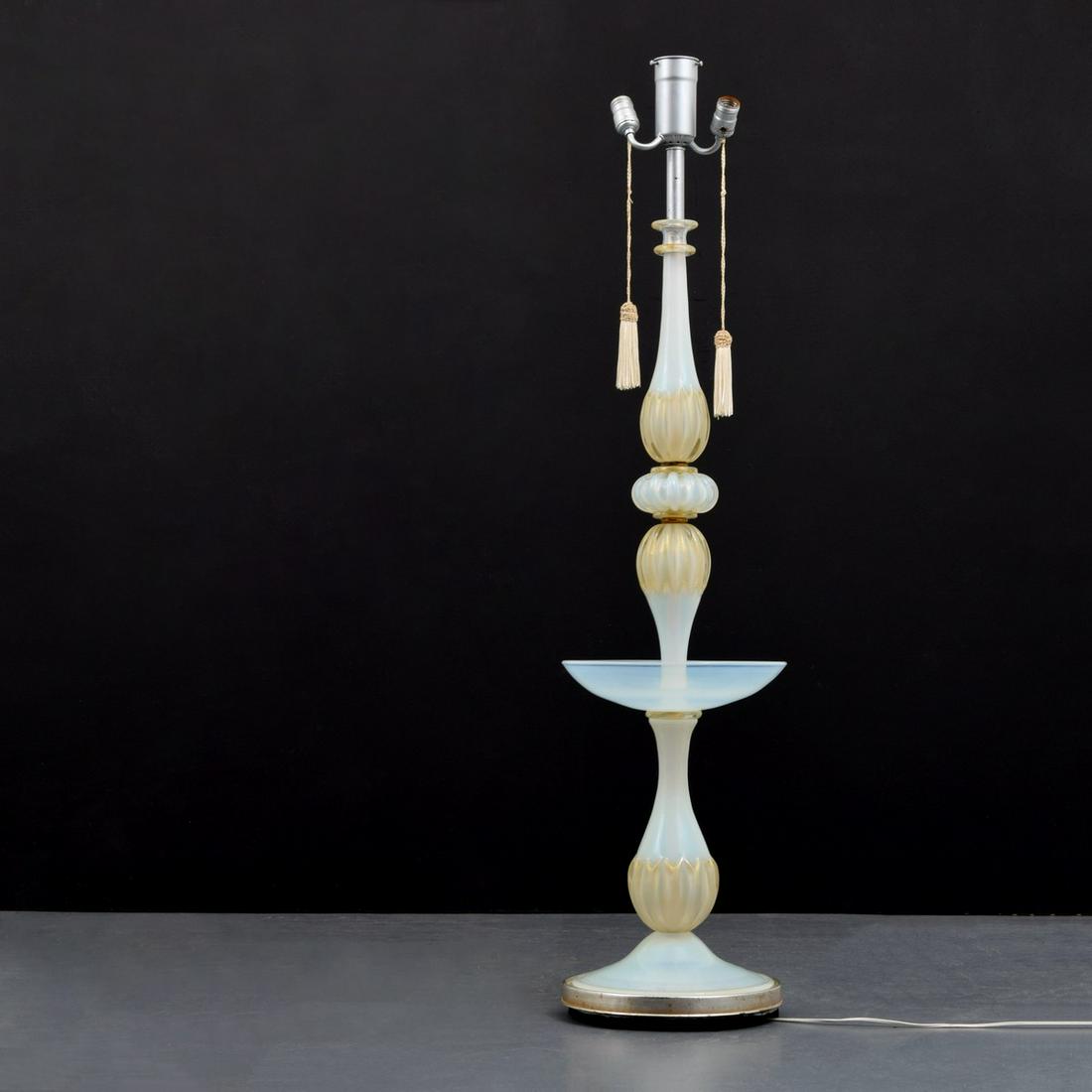 Barovier & Toso Floor Lamp, Murano: Artist/Designer; Manufacturer: Barovier & Toso Marking(s); notes: no marking(s) apparent Country of origin; materials: Italy; glass, metal, tassels Dimensions (H, W, D): 54.