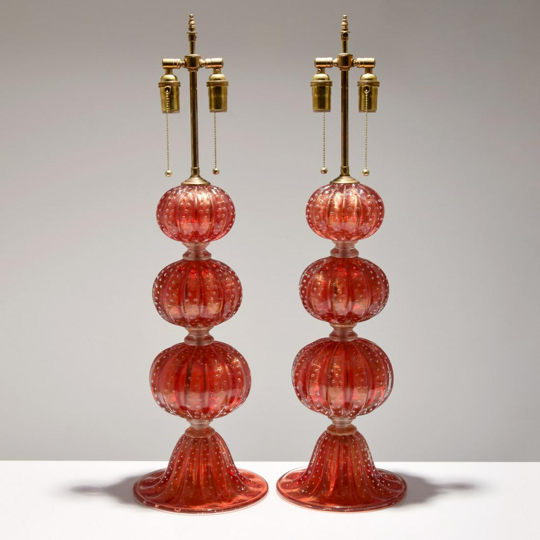 Pair Murano Lamps, Manner of Barovier & Toso: Artist/Designer; Manufacturer: Barovier & Toso, manner of Marking(s); notes: no marking(s) apparent Country of origin; materials: Italy; glass, brass Dimensions (H, W, D): 3