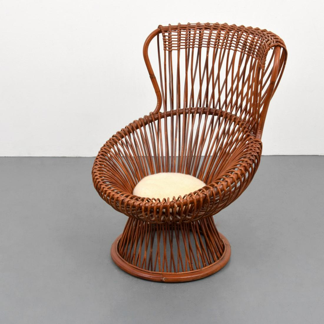 Franco Albini "Margherita" Rattan Lounge Chair: Artist/Designer; Manufacturer: Franco Albini; Bonacina Marking(s); notes: no marking(s) apparent Country of origin; materials: Italy; rattan, reed, upholstery Dimensions (H, W, D): <