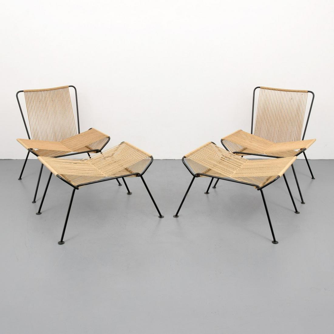 Pair of Lounge Chairs/Ottomans, Manner of Allan Gould: Artist/Designer; Manufacturer: Allan Gould, manner of Marking(s); notes: no marking(s) apparent Country of origin; materials: country of origin unknown; iron, rope Dimensions (H, W,