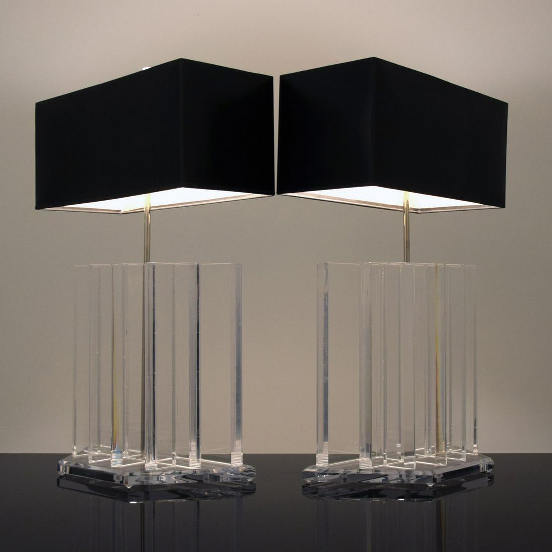 Pair of Large Lucite Lamps, Manner of Karl Springer: Artist/Designer; Manufacturer: Karl Springer, manner of Marking(s); notes: no marking(s) apparent Country of origin; materials: country of origin unknown; Lucite, chromed metal, shade