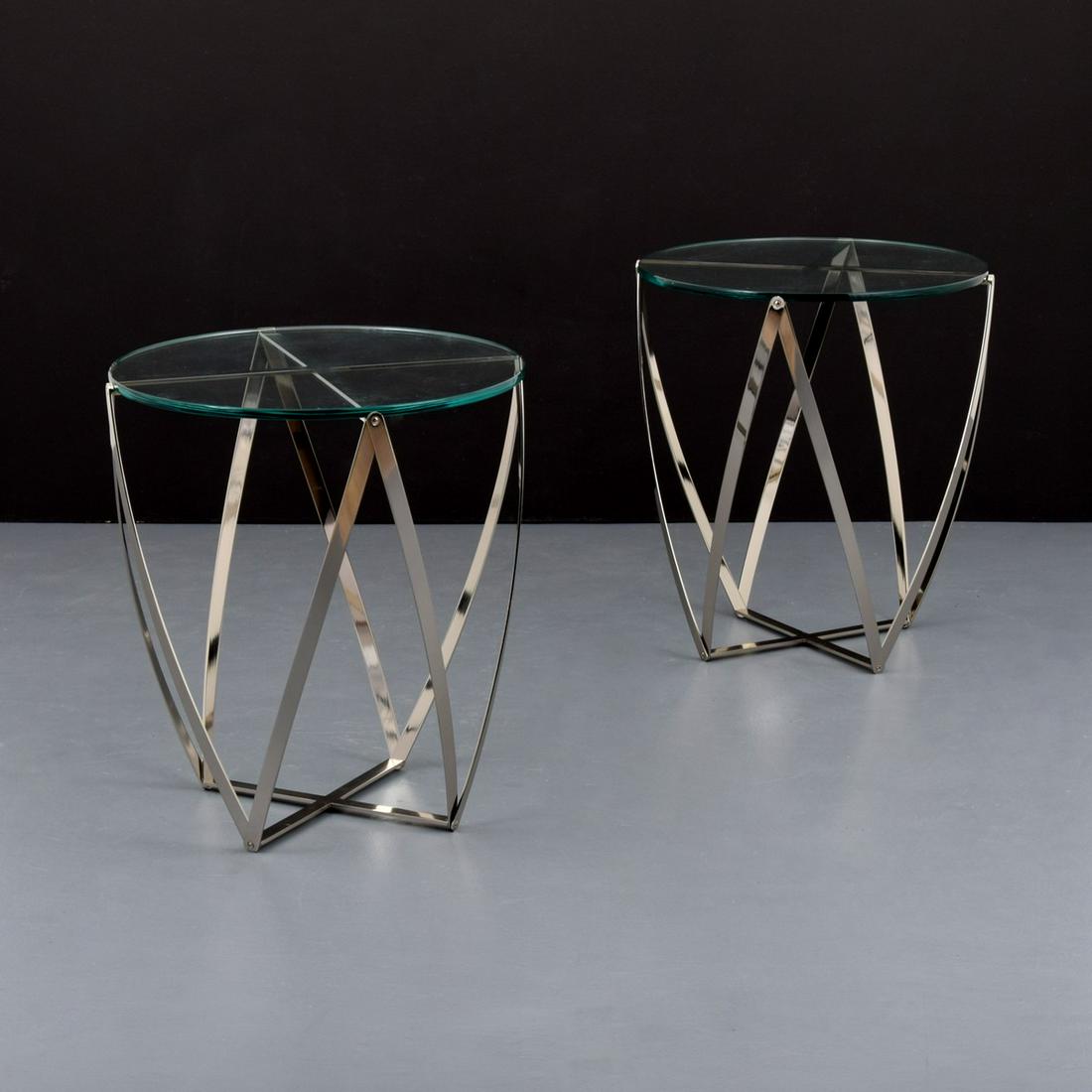 Pair of John Vesey Occasional Tables: Artist/Designer; Manufacturer: John Vesey Marking(s); notes: no marking(s) apparent Country of origin; materials: USA; chromed metal, glass Dimensions (H, W, D): 26.5"h, 24.