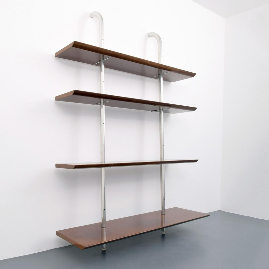 Wall Mounted Shelving Unit Attributed to Saporiti: Artist/Designer; Manufacturer: Saporiti Marking(s); notes: no marking(s) apparent Country of origin; materials: Italy; chromed metal, wood Dimensions (H, W, D): 90"h, 63"w,