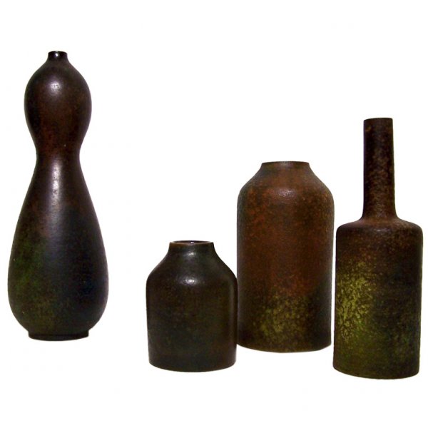 Raymor Vases, Collection (4): Designer & Manufacturer: Raymor Country of Origin & Materials: Italy,Pottery Additional Information & Circa: Collection of 4 modern vases/vessels by Raymor, Italy. Wonderful volcanic & bronze like gla